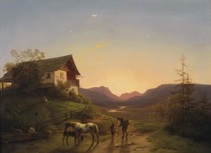 Evening Mood before a Wide Landscape with Horses